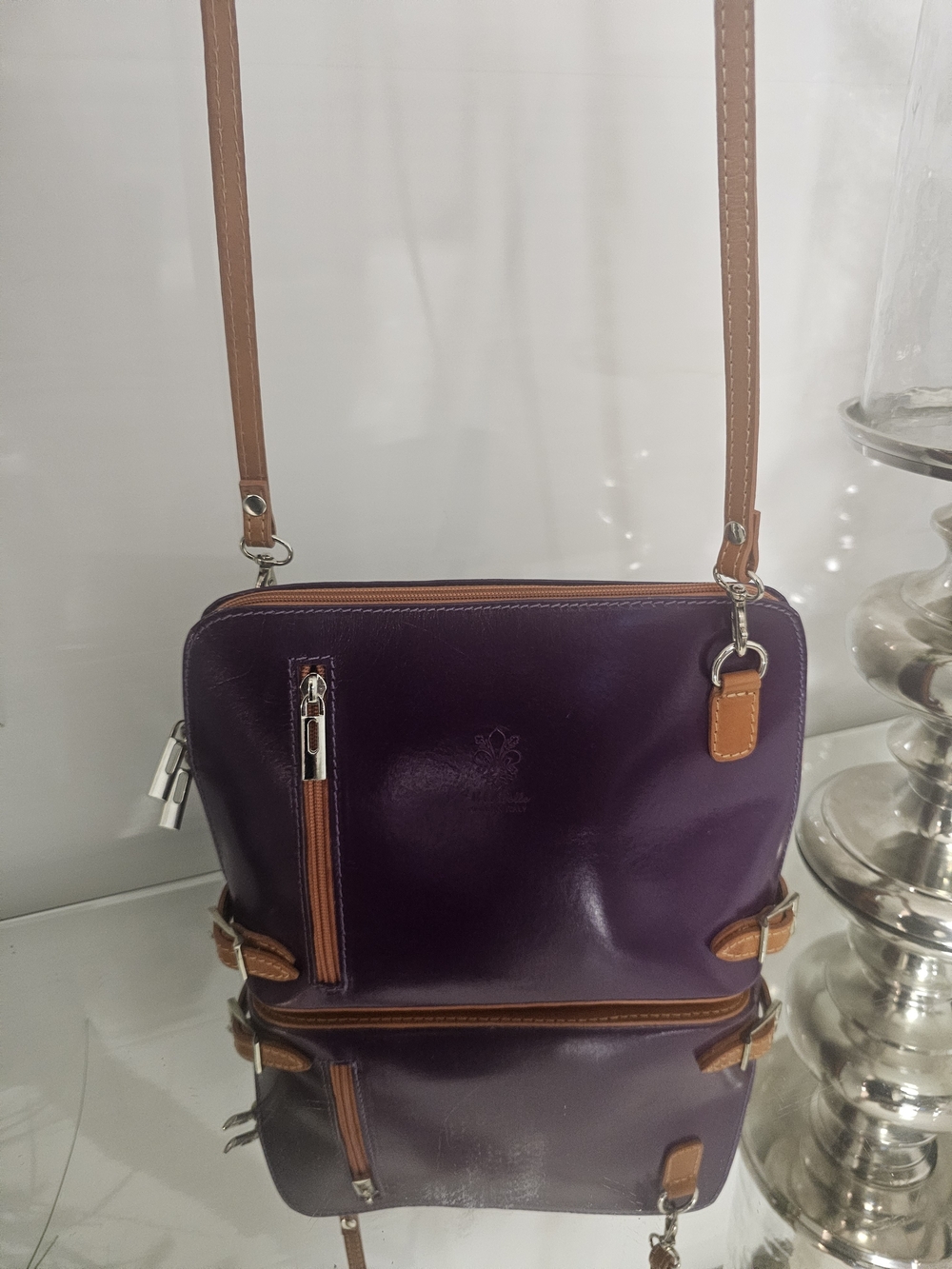 Vera Pelle Leather Purple Crossbody Bag with Tan Trim